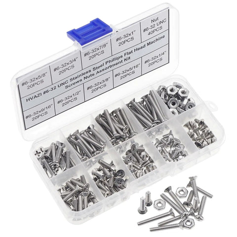 Size 6 32 UNC Stainless Steel Phillips Flat Head Machine Screws And Hex Nuts Assortment Kit 304 Stainless open box