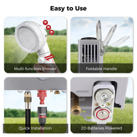 Portable Propane Water Heater For Camping With 41,000 BTU And 1.58 GPM Flow, Easy Install features, showerhead, battery adapter