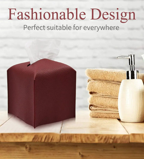 Durable PU Leather Tissue Box Cover Holder Square Modern Dispenser for Bathroom Vanity, wine red design on wooden surface