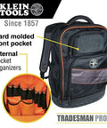 Rugged Tech Ready Laptop Backpack And Tool Bag For Pros with molded front pocket and internal organizers, orange interior.