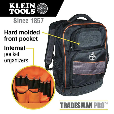 Rugged Tech Ready Laptop Backpack And Tool Bag For Pros with molded front pocket and internal organizers, orange interior.
