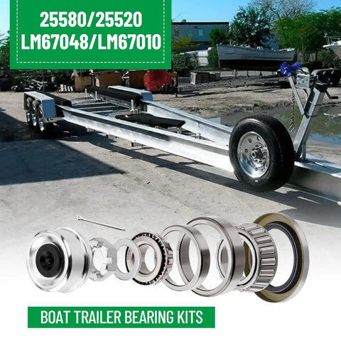Ready To Roll Premium Trailer Hub Bearing Kit For Tandem Axles 5200 6000 Lb with components and boat trailer in background
