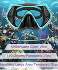 All In One Snorkeling And Scuba Set With Anti Fog Glass Purge Valve And Anti Splash Silicone Mouthpiece shown underwater