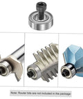 12 Piece Router Bit Bearing Set with top-mounted ball bearings, guide screws, and wrench for woodworking router bits repair.