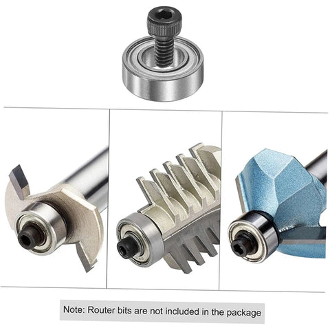12 Piece Router Bit Bearing Set with top-mounted ball bearings, guide screws, and wrench for woodworking router bits repair.