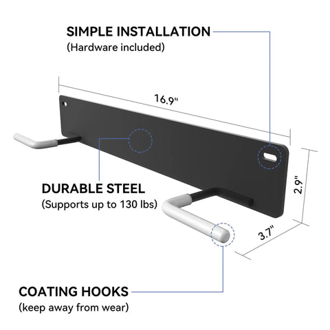 Dimensions of 2 Pack Golf Bag Wall Mount Rack For Garage Heavy Duty Golf Storage Organizer with steel hooks and simple installation.