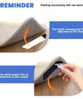 Non Slip Rug Grippers 16 Piece Carpet Stickers application on tile floor showing triangular piece under corner of rug