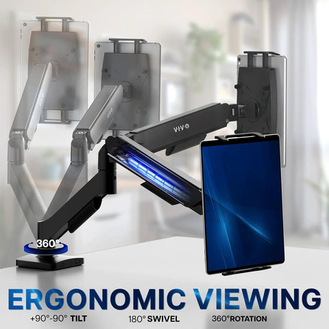 Level Up Your Workspace With This Height Adjustable Counterbalance Desk Mount For Tablets And 15 6 Inch Two In One Laptops Slick Spring Loaded Arm Rock Solid Grip Smooth Glide Finish Black with ergonomic adjustments.