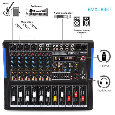 Top view of 8 Channel Console Style DJ Mixer With Bluetooth For Home Studio And Live Sets Pro DJ Sound Controller With 4 XLR.