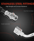Close-up of stainless steel fittings on Beefy Front Passenger Side Brake Hydraulic Hose For Chevy And GMC Hummer Vehicles Fits Silverado And Sierra 1500 2500 3500 HD Classic Yukon XL 2500 Suburban 2500 Avalanche 2500 And H2, showing hydraulic seal and fluid leakage prevention features.