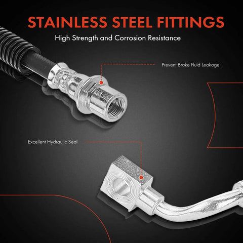 Close-up of stainless steel fittings on Beefy Front Passenger Side Brake Hydraulic Hose For Chevy And GMC Hummer Vehicles Fits Silverado And Sierra 1500 2500 3500 HD Classic Yukon XL 2500 Suburban 2500 Avalanche 2500 And H2, showing hydraulic seal and fluid leakage prevention features.