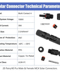 40 Piece Solar Panel Connector Kit With Male And Female Multi Pin PV Connectors IP67 Waterproof 1000V 30A Rating Works With 14 AWG To 10 AWG Cables
