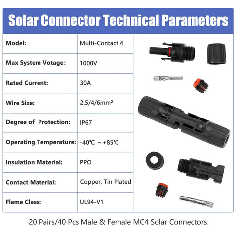 40 Piece Solar Panel Connector Kit With Male And Female Multi Pin PV Connectors IP67 Waterproof 1000V 30A Rating Works With 14 AWG To 10 AWG Cables