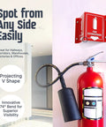 Projecting Fire Extinguisher Sign With Down Arrow, Two Sided Wall Mount Corridor V Sign, installed above a fire extinguisher