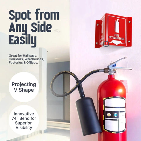 Projecting Fire Extinguisher Sign With Down Arrow, Two Sided Wall Mount Corridor V Sign, installed above a fire extinguisher