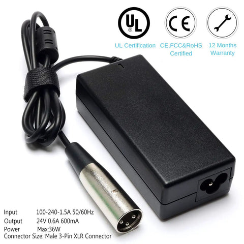 36W 24V DC Electric Scooter Charger With 3 Pin XLR Connector For EZip 400 450 500 750 And Trailz Electric Bikes 100 240V AC Input With Overcurrent Overvoltage And Short Circuit Protection