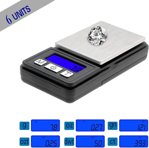 Ultra Mini Pocket Scale 1000G Capacity With 0.1G Increments displaying grams with diamond on tray, six unit options visible