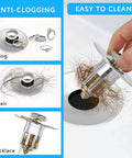Image of Full Brass Universal Pop Up Sink Stopper Set Pack Of 2 With Detachable Filter Basket Hair Catcher, highlighting anti-clogging with jewelry and hair shown.