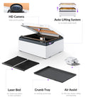 Vision 20W Laser Engraver With Smart HD Camera and Auto Lift Desktop Diode Laser Cutter setup showing components and features.