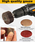 40 Piece One Quarter Inch Shank Abrasive Flap Wheel Set with drill and close-up of sanding surfaces, aluminum oxide material, 80 grit, easy install.