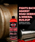 Renegade Pro Red Liquid Metal Polish bottle beside a rusted wheel and chrome drum
