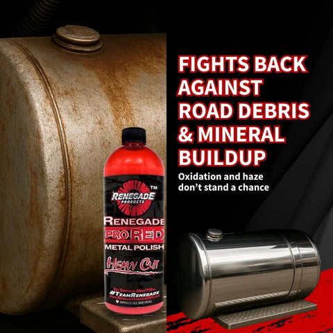 Renegade Pro Red Liquid Metal Polish bottle beside a rusted wheel and chrome drum