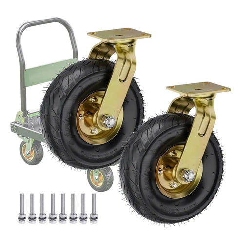 Heavy Duty 8 And 10 Inch Replacement Wheels For Furniture Workbenches Air Filled Industrial Casters with gold brackets and black rubber tires