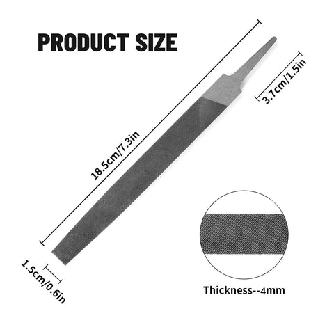 Angled view of a 6-inch flat medium-cut file with double-cut teeth, high-carbon steel, without handle, 4 mm thick.