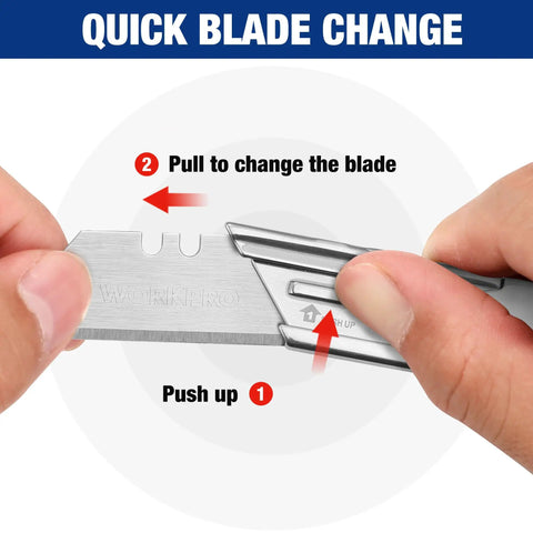 Hands demonstrating blade swap on Three Piece Quick Change Folding Pocket Utility Knife Set With Belt Clip For Easy One Hand Blade Swaps And Pro Grade Blade Compatibility, Compact EDC Kit For Contractors And DIYers.