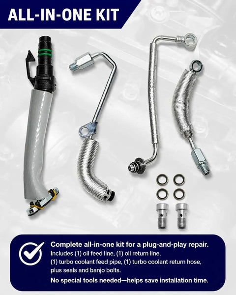 Turbo Oil Line Kit For GM 1.4L Turbo Engines Plug And Play Compatible With Cruze Sonic Trax And Buick Encore 2013 2021 Direct OE Replacement For OEM Part Nos 55587854 55592600 55568031 55567067 25198546, showing components including hoses, seals, and fittings.