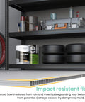 Interior of Outdoor Resin Storage Shed 6 By 4.5 Feet Lockable Plastic Garden Shed showing impact resistant floor and shelves.