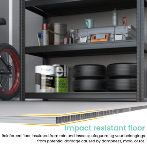 Interior of Outdoor Resin Storage Shed 6 By 4.5 Feet Lockable Plastic Garden Shed showing impact resistant floor and shelves.