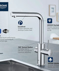 Clean Lines Single Handle Pull Out Kitchen Faucet With Laminar Spray Led Knobs For Chilled Sparkling Water Butter Smooth Pour 180 Swivel Spout Real Game Changing Kitchen Upgrade with EasyDock feature.