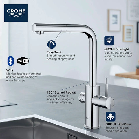 Clean Lines Single Handle Pull Out Kitchen Faucet With Laminar Spray Led Knobs For Chilled Sparkling Water Butter Smooth Pour 180 Swivel Spout Real Game Changing Kitchen Upgrade with EasyDock feature.
