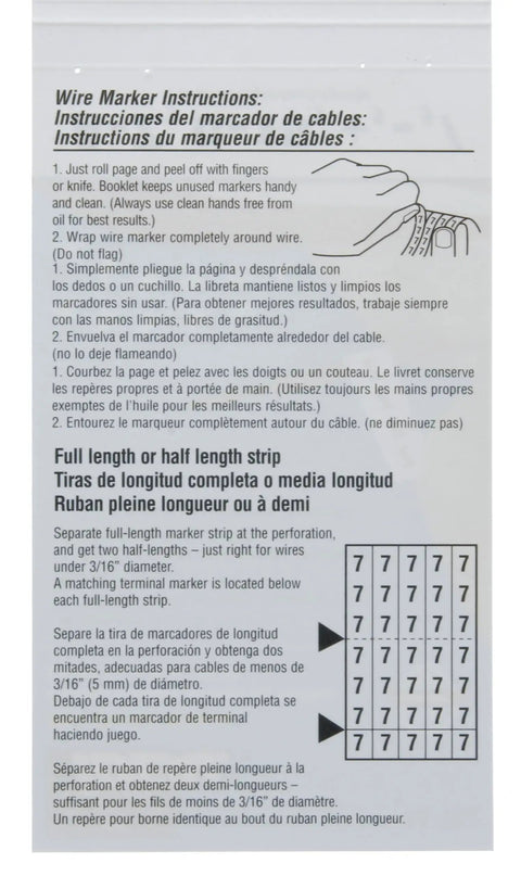 Pro Grade Wire Labeling Booklet With 0 Through 9 Legend, 45 Markers instructions panel in multiple languages, snap apart markers