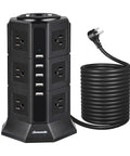 16Ft Power Strip Tower With 12 Outlets And 5 USB Ports ETL Surge Protector Dual Switches 1875W 15A Breaker 1500J Flat Plug