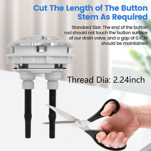 Toilet Dual Flush Valve Kit With Fill Valve And Push Button, adjusting button stem length with scissors, 2.24 inch thread