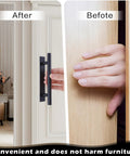 4 Pack Self Adhesive Cabinet Handles and Drawer Pulls in Black ABS Plastic installed on white cabinet next to a hand opening wooden door