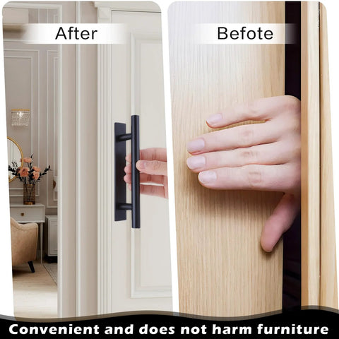 4 Pack Self Adhesive Cabinet Handles and Drawer Pulls in Black ABS Plastic installed on white cabinet next to a hand opening wooden door