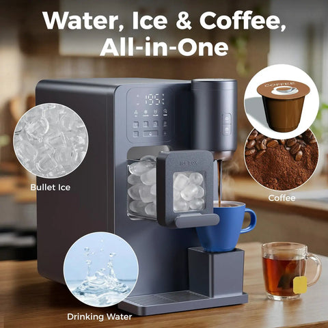 3-In-1 Water Dispenser With Ice Maker And Coffee Brewer For Home Or Office, Countertop Unit on kitchen counter with bullet ice