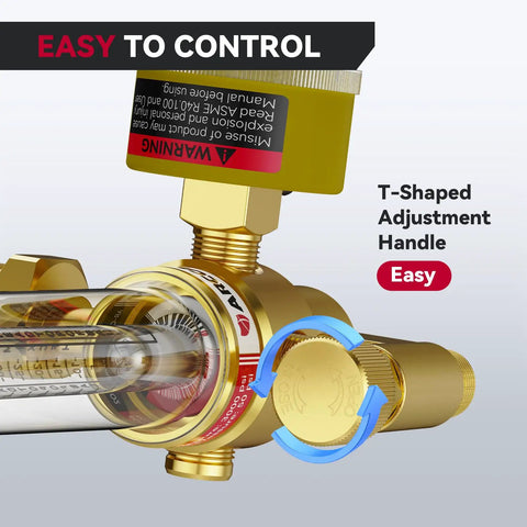 Pro Grade MIG And TIG Gas Regulator With Flow Meter for Argon CO2 Helium, T-Shaped Adjustment Handle, Easy Dial Pressure Control