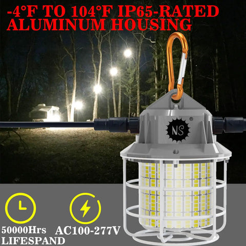 Heavy-Duty Linkable LED Work Light With 8700 Lumen Output and 500W Equivalent, night installation showing aluminum housing