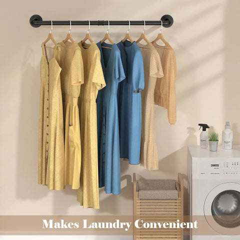Built Like A Tank Wall Mounted Clothes Rack 3 Pack Black Industrial Pipe Garment Rail with dresses in laundry room.