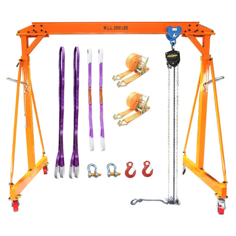 Adjustable Gantry Crane With Trolley And Hoist Heavy Duty 2000 Lbs Capacity Height Range 7.65 To 10.91 Ft 8.5 Ft Wide Shop Garage Crane With Rigging Kit Portable Steel Gantry For Home Workshop And DIY Projects