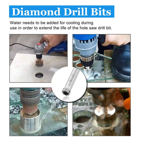 Ripping 12 Pieces Pro Grade Diamond Hole Saw Kit 5/16 8mm Core Drill Bits showing usage on glass and tile surfaces.