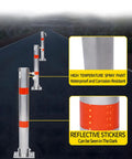 Beefy Foldable Steel Parking Bollard Post With Secure Lock And Bold Warning Stripes For No Sweat Driveway Garage And Street Traffic Control Effortless Setup Barrier In Matte Gray, showing reflective stickers.