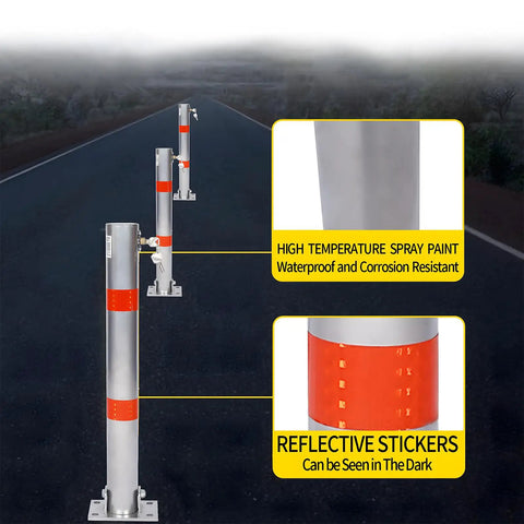 Beefy Foldable Steel Parking Bollard Post With Secure Lock And Bold Warning Stripes For No Sweat Driveway Garage And Street Traffic Control Effortless Setup Barrier In Matte Gray, showing reflective stickers.