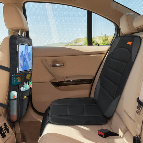 Car interior with 2 In 1 Car Seat Protector And Kick Mat With iPad Holder And Touchscreen Pocket Backseat Organizer installed