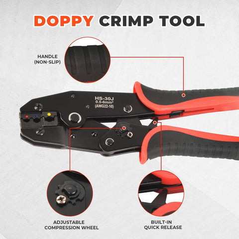 Killer Ratcheting Wire Crimper For 22-10 AWG Terminals features non-slip handle, adjustable compression wheel, and built-in quick release.