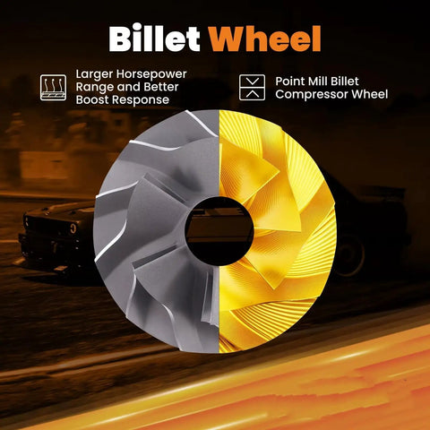 Billet wheel of the beefed up turbocharger ball bearing kit for 2.0L to 5.5L engines with 0.83 AR and V band.